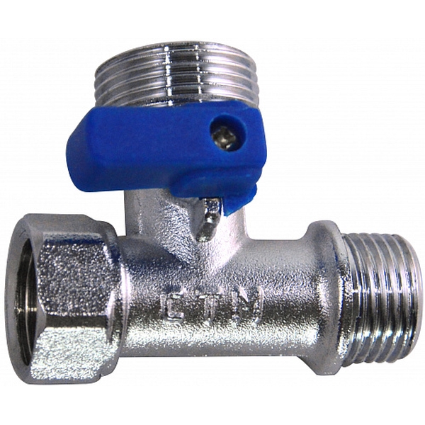 STM Кран шаровой латунь угловой для бытовых приборов никель 1/2"x3/4"х1/2" ВР/НР/НР флажок